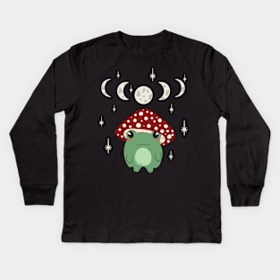 Mushroom Hat Kawaii Frog with Moon Phases Kids Long Sleeve T-Shirt